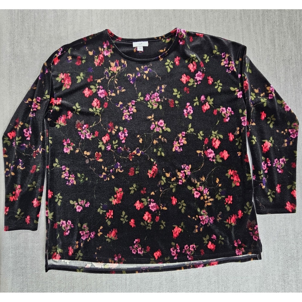 J Jill Black Velvet Moody Floral Whimsigoth  Witchy  Long Sleeve  Blouse Size M